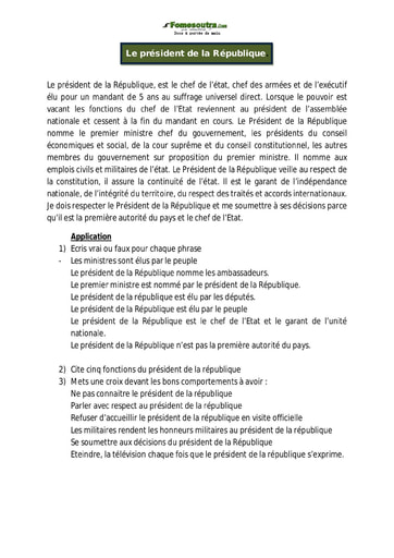 Le président de la République - Cours EDHC CM1