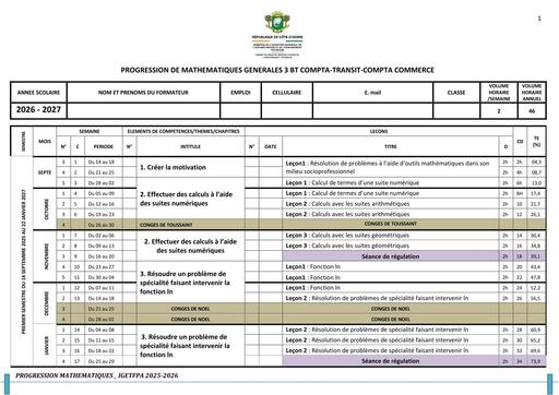 Progression MATHS Générales 3 BT C TRANSIT CC 26 27