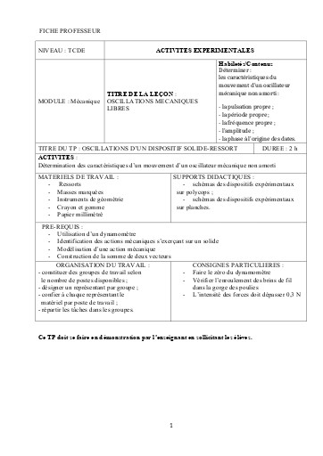 FICHE PROFESSEUR 5   OSCILLATIONS MECANIQUES  LIBRES (1)