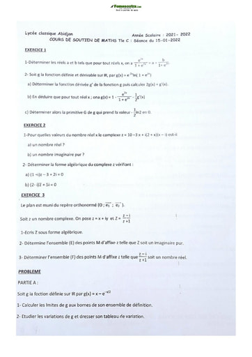 Sujet de Mathématique Terminale C Lycée Classique Abidjan 2021-2022