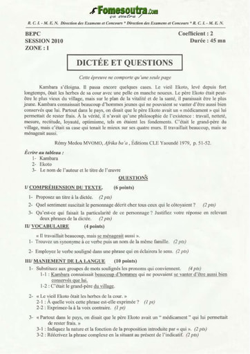 Sujet de dictée et questions BEPC 2010 Zone 1