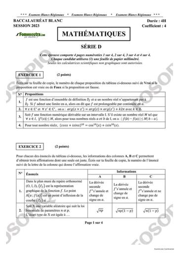 SUJET ET CORRIGE BAC BLANC 2023 MATHEMATIQUES SERIE D COTE D'IVOIRE
