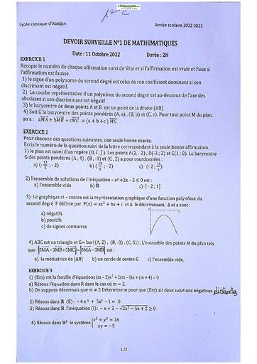 Sujets de mathématiques Première C Lycée Classique Abidjan 2022-2023