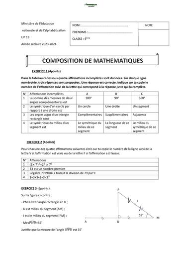 COMPOSITION DE FIN DE TRIMESTRE DE MATHS NIVEAU 5ième DECEMBRE 2024 UP13 by TEHUA