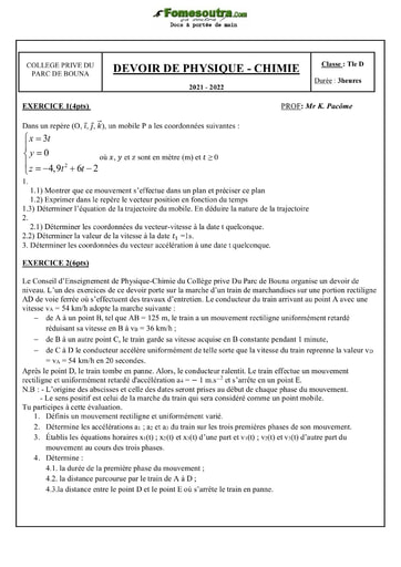 Devoir de cinématique et chimie orga Terminale D