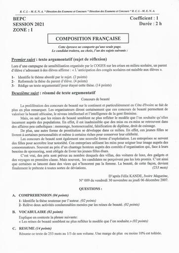 EPREUVE BEPC 2021 COMPOSITION FRANCAISE Zone 1