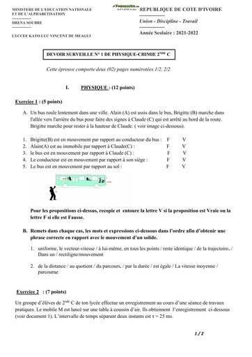 DEVOIR 2nde C Physique-Chimie Lycée Kato Luc Vincent de Meagui