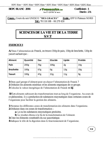 Sujet de SVT BEPC blanc 2016 - Cours du soir UNESCO " DES GRACES"