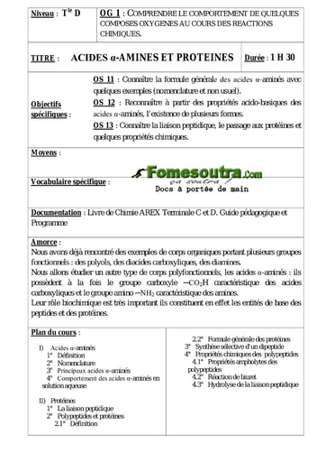 Acides α-Amines et Protéines - Cours de Chimie Terminale D