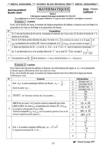 BAC Blanc 2024 MATHS SERIE C Dren Sassandra sujet by Tehua