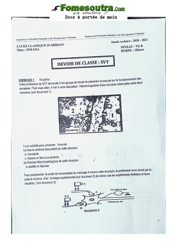 Devoir SVT Terminale D 2020-2021