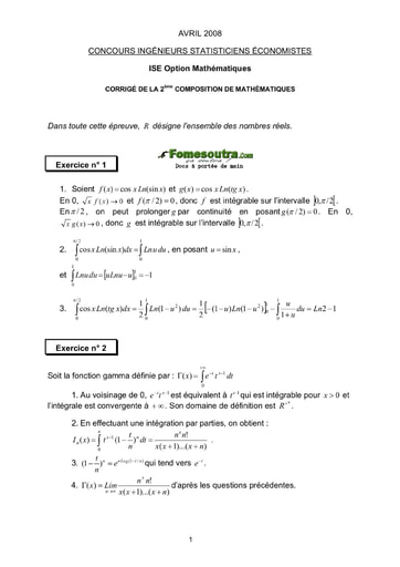 Corrigé 2ème épreuve de maths ISE option maths 2008 (ENSEA - ISSEA - ENSAE)