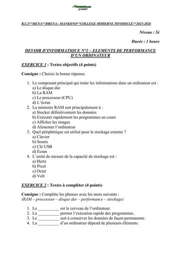 DEVOIR D'INFORMATIQUE ELEMENTS DE PERFORMANCE D'UN ORDINATEUR 5è JANVIER 2026