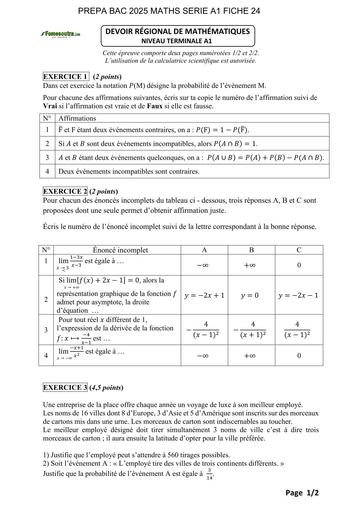 PREPA BAC 2025 MATHS SERIE A1 SUJET 24 BY TEHUA