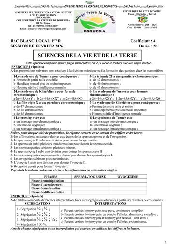EXAMEN BLANC 2026 DRENA ISSIA SUJET SVT 1ière D (SUJET) by TEHUA