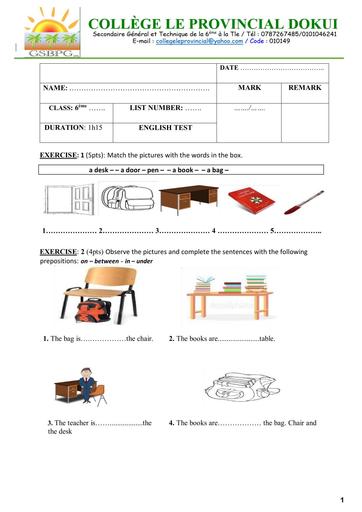 ENGLISHE TEST 6ième  trimestre 1 202 25 PROVINCIAL