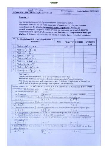 Sujet de Mathématique Première D Lycée Classique Abidjan 2023