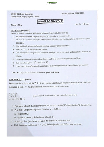 Sujet Terminale D PC Lycée Classique Abidjan 2021-2022