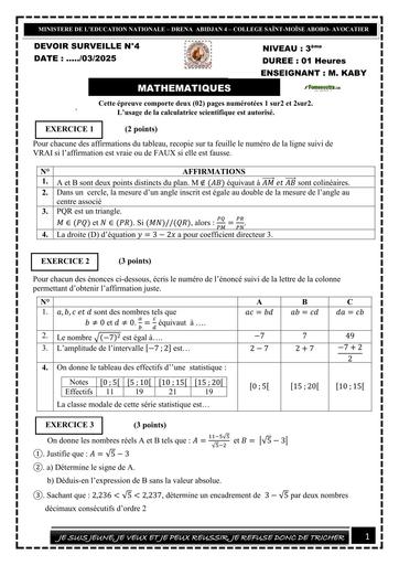 DEVOIR DE MATHS 3ième TRIMESTRE 3 KABY 2025 BY TEHUA