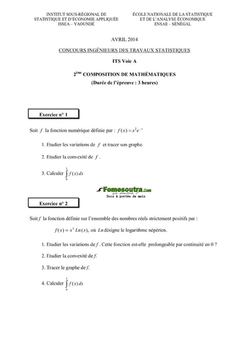 Sujet 2ème épreuve de maths ITS A 2014 (ENSAE - ISSEA)
