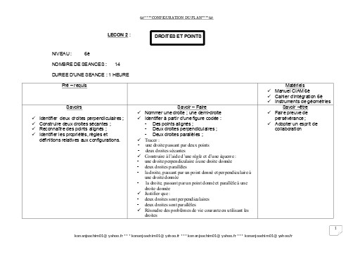 Fiche de cours Maths 6ième Leçon 2 Doites et Points by TEHUA
