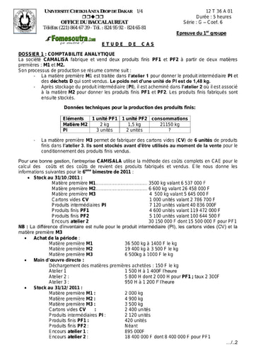 Sujet Etude de cas Comptabilité BAC G 2012 du Sénégal