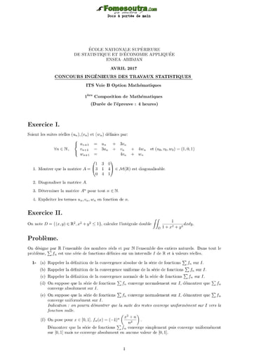 Sujet et Corrigé 1ère épreuve de maths ITS B option Maths 2017 (ENSEA)