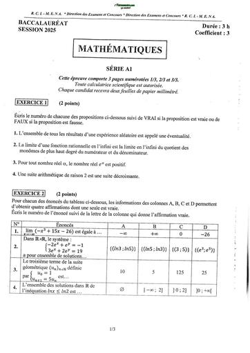 BAC 2025 MATHS SERIE A1 SUJET+BAREME BY TEHUA