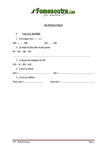 Mathématique 4 niveau CE1