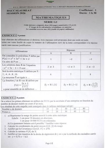 Bac 2026 Sujet Maths série G1 By Tehua