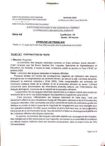 Expérimentation du nouveau Format du BAC serie A4 Fr BURKINA BY TEHUA