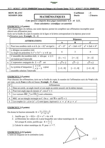 BEPC BLANC 2026 MATHS SUJET Grand bassam BY TEHUA