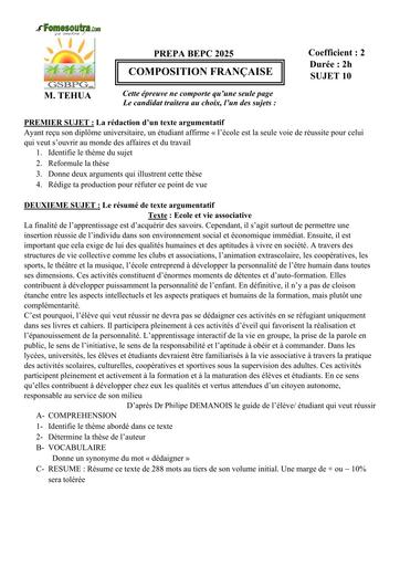 PREPA BEPC 2025 FR FICHE 10 BY TEHUA