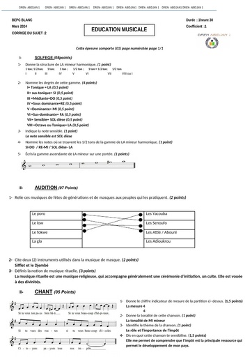 Barême BEPC blanc 2024 SUJET De musique CORRIGE dren abidjan 1 by Tehua