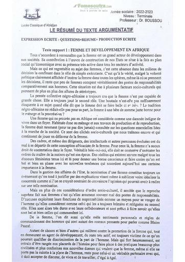 Sujet Prépa Français Lycée Classique Abidjan new