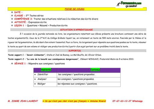 FICHE DE COURS Français RESUME DE TEXTE 2nde BY TEHUA