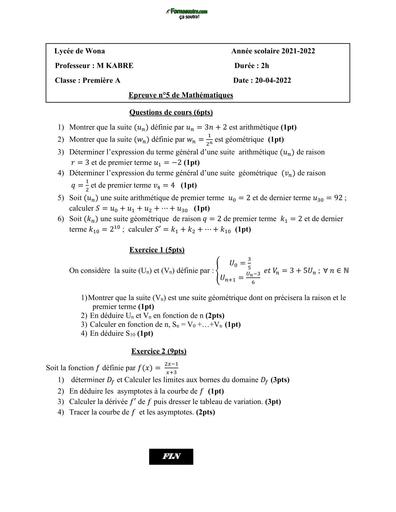 DEVOIR DE MATHS 1ière A N°5 LYCEE DE WONA 2022 BY TEHUA