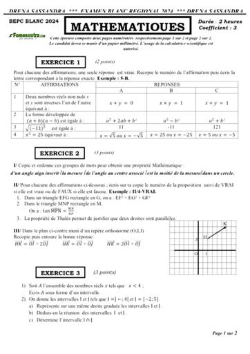 Bepc blanc 2024 Maths sujet+barème dren Sassandra by Tehua