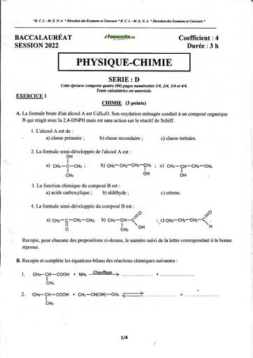 EPREUVE ET CORRIGE BAC 2022 PHYSIQUE CHIMIE SERIE D COTE D'IVOIRE