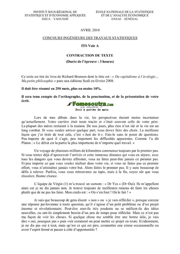 Sujet de Contraction de texte ITS A 2010 (ENSAE - ISSEA)