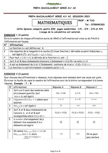 PREPA BAC 2025 MATHS SERIE A SUJET 10 BY TEHUA