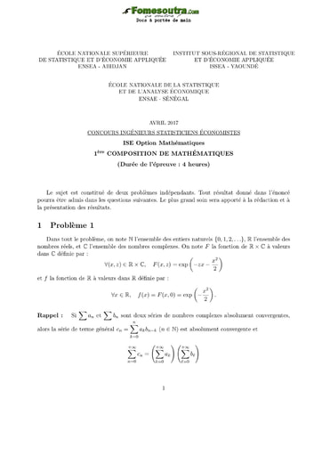 Sujet et Corrigé 1ère épreuve de maths ISE option maths 2017 (ENSEA - ISSEA - ENSAE)