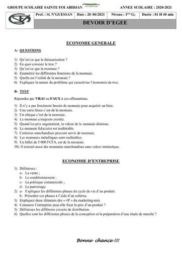 Devoir d'Economie Générale Première G2 (1ère G2) 2020-2021