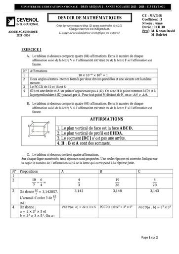 DEVOIR MATHS 4ième Cevenol Trim2 by Tehua