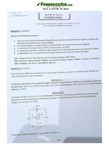 Sujet de Physique-Chimie Niveau Première D Lycée Classique Abidjan 2021-2022