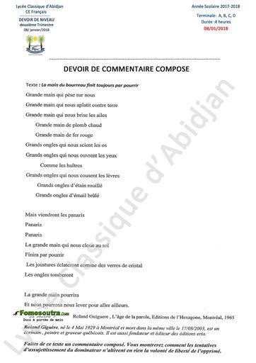 DEVOIR DE NIVEAU FRANCAIS LCA TLE