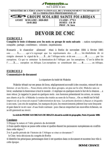 Sujet CMC niveau 1ere G1 - Groupe Scolaire Sainte Foi Abidjan
