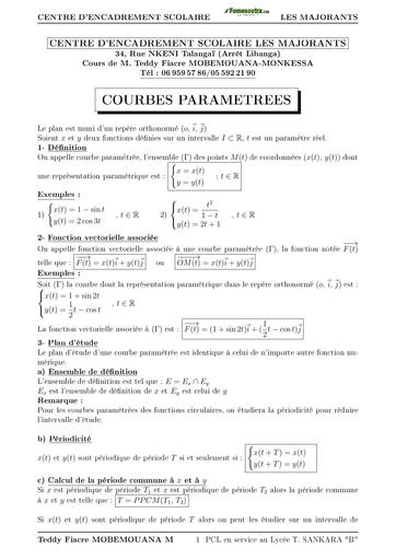COURS DE MATHS Tle C COURBES PARAMETREES BY TEHUA