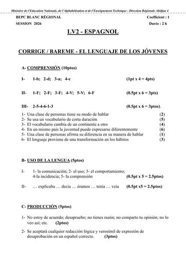 BEPC blanc 2026 LV2 Espagnol barème Drena Abidjan 4 By Tehua