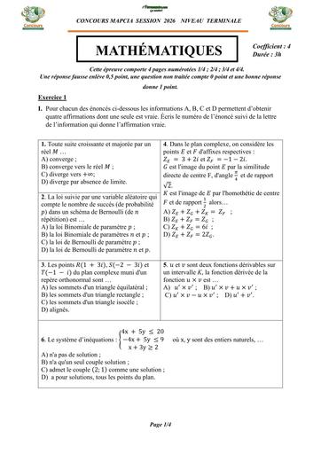 CONCOURS MAPCIA SESSION 2026 Maths Tle SUJET BY TEHUA